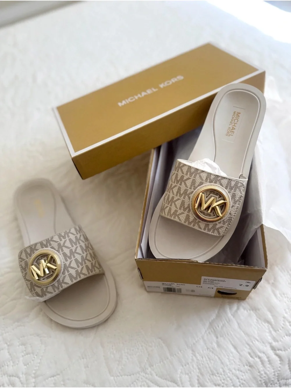 Michael Kors Beige Logo Slide Sandals with Gold MK Emblem